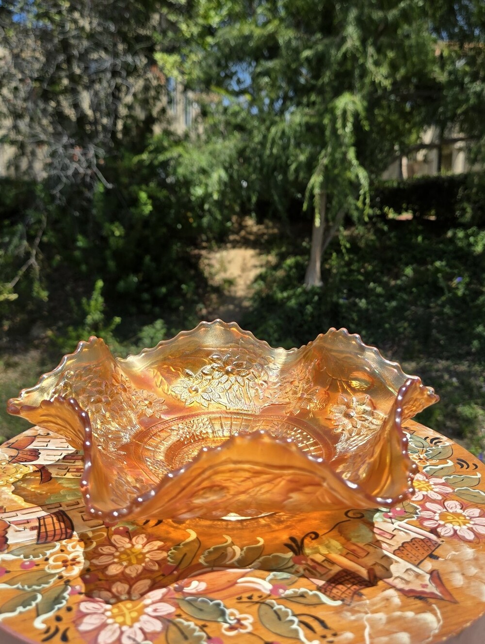 VTG Fenton Carnival Glass Orange Tree Bowl Marigold Iridescent Ruffled Antique